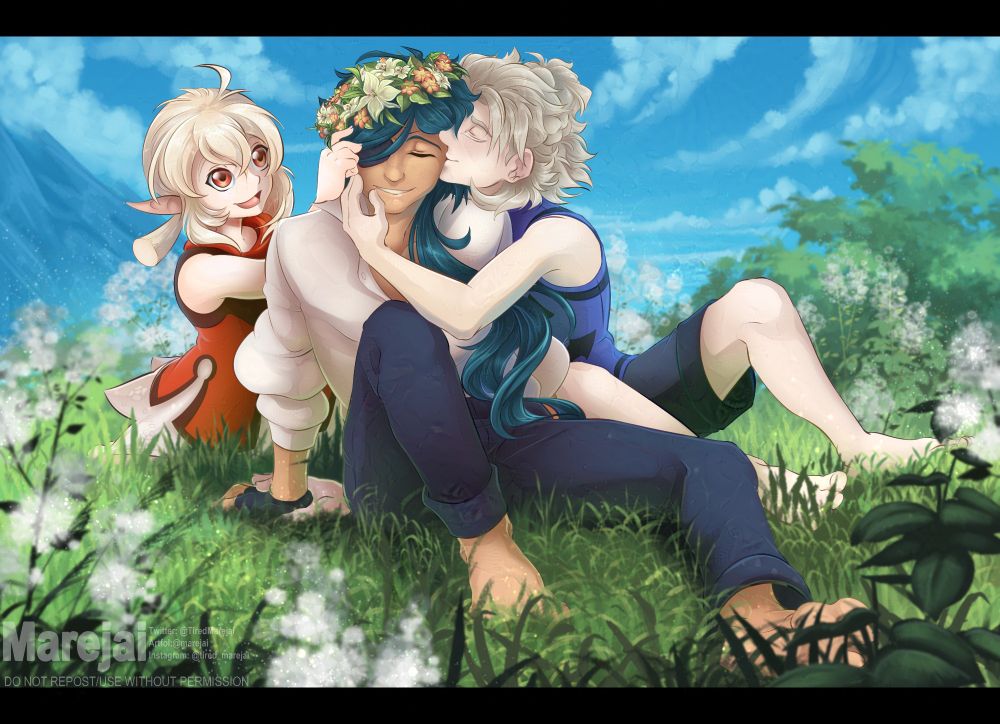 A picture featuring the characters Kaeya, Albedo and Klee from Genshin impact. The characters are sitting on the grass surrounded by dandelions with a blue sky on the background. Klee is placing a flower crown made of calla lilies and cecilias on Kaeya's head, while Albedo holds on of his hands and with the other hand he holds Kaeya's face close and leaves a tender kiss on his forehead. all of them are smilling