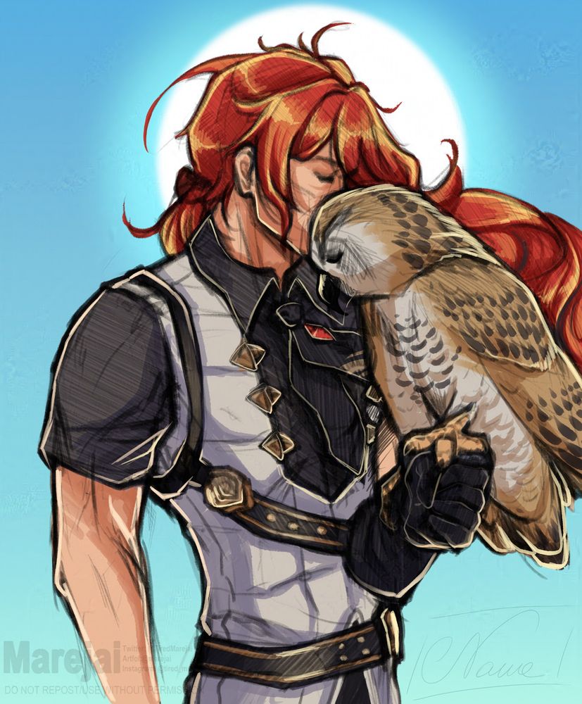 A picture of Diluc from Genshin Impact. He is holding a brown and white owl with black dots in his gloved left hand close to his face, which is half covered, but the tender expression in his face is still visible. His red hair is being blown towards the right. He is wearing a grey shirt under a white vest, a black tie with a red gem and two belts. The sky is blue and his head is framed by the sun.