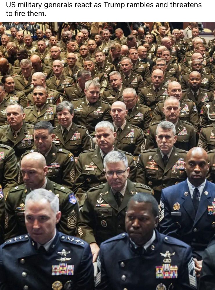 US military generals react as Trump rambles and threatens to fire them.