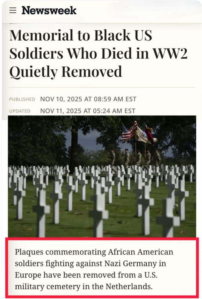 
Memorial to Black US
Soldiers Who Died in WW2
Quietly Removed
PUBLISHED NOV 10, 2025 AT 08:59 AM EST
UPDATED
NOV 11, 2025 AT 05:24 AM EST
Plaques commemorating African American soldiers fighting against Nazi Germany in Europe have been removed from a U.S. military cemetery in the Netherlands.
