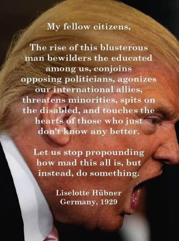 My fellow citizens,
The rise of this blusterous man bewilders the educated among us, conjoins opposing politicians, agonizes our international allies, threatens minorities, spits on the disabled, and touches the hearts of those who just don't know any better.
Let us stop propounding how mad this all is, but instead, do something.
Liselotte Hübner
Germany, 1929
