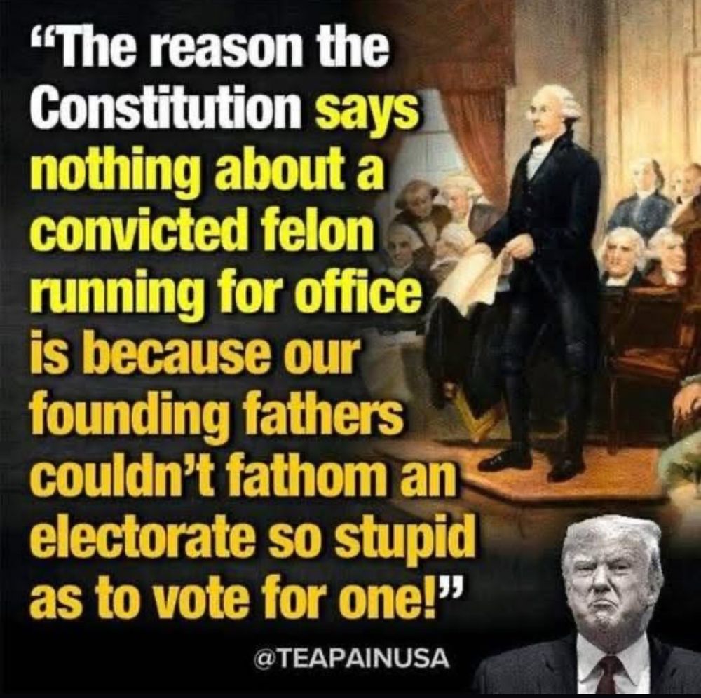 "The reason the Constitution says nothing about a convicted felon running for office is because our founding fathers couldn't fathom an electorate so stupid as to vote for one!"
@TEAPAINUSA