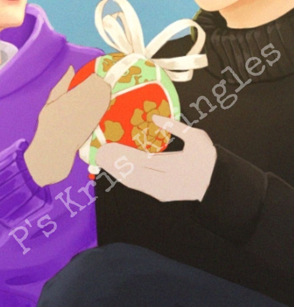 Art of two people holding a red christmas ornament. One of them is wearing a purple hoodie, the other is wearing a brown sweater.
