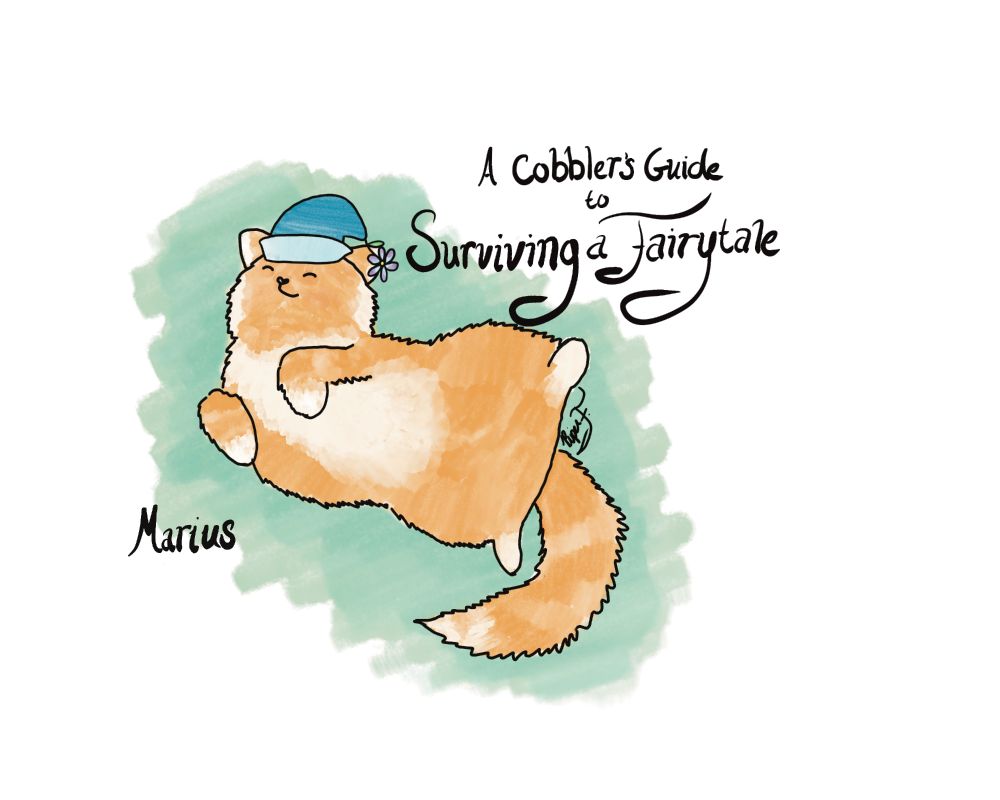 An orange tabby cat lays on his back on a green background. He wears a blue hat with a daisy dangling from the tip of the hat. His name is Marius and he's a character in A Cobbler's Guide to Surviving a Fairytale