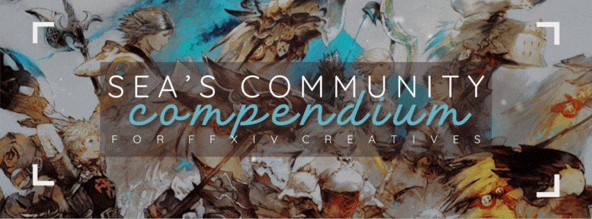 Official art from the game Final Fantasy XIV. The words overlayed on top say, "Sea's Community Compendium for FFXIV Creatives".