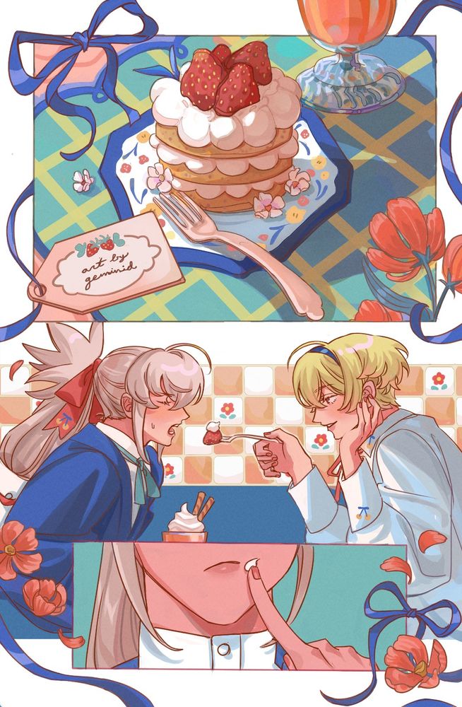 drawing of cake and leo feeding a strawberry to takumi. then a panel of leo wiping cream from takumi's cheek. 
