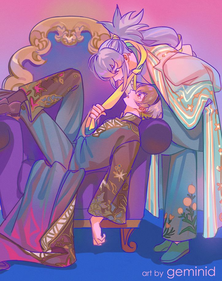 drawing of leokumi. leo is lying in a fancy chair and pulling takumi by the scarf. theyre dressed in bright colors with some batik motifs (at least, i tried)