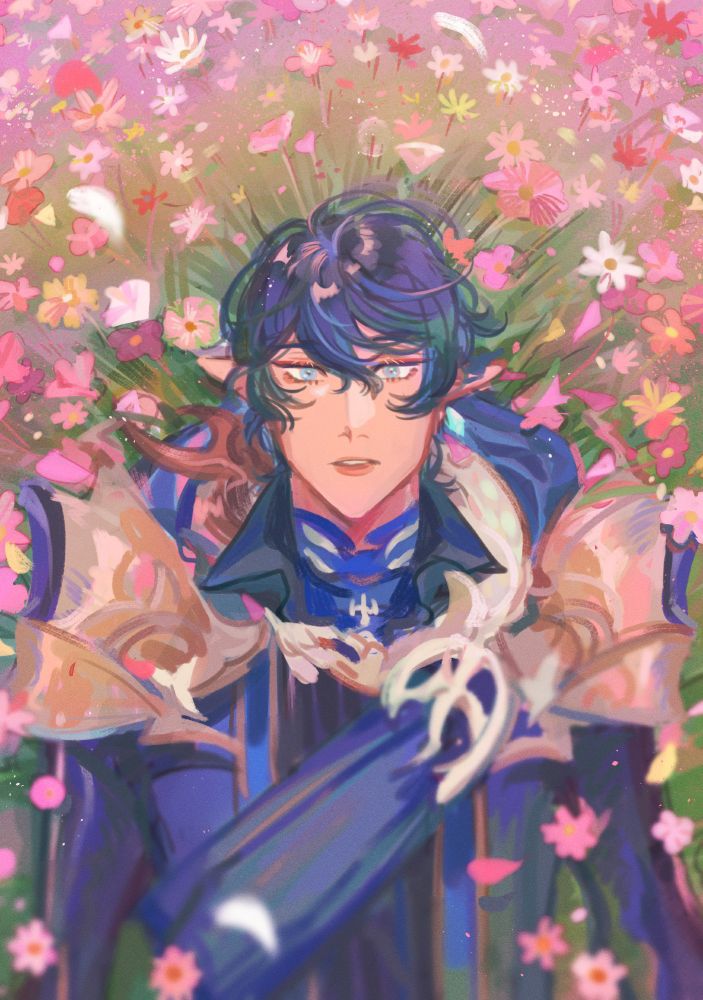 drawing of aymeric de borel lying in a field of flowers.