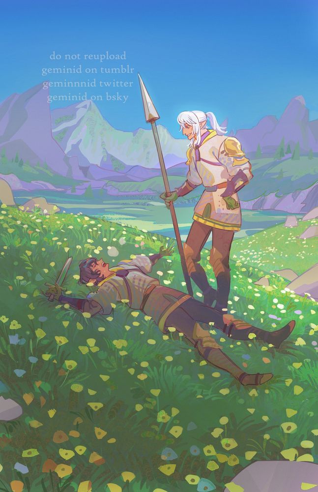 drawing of aymeric and estinien final fantasy. They are on a grassy hill, Aymeric lying in the grass panting while Estinien stands. It seems they are post training with weapons