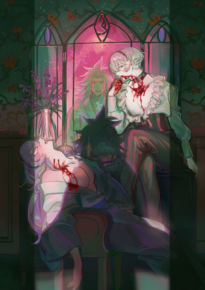 illustration of leo takumi and ryoma fire emblem. leo is sitting on a dresser with blood on his face, chest and hands. takumi is passed out in a chair with bite marks on his neck. ryoma is reflected in the dresser mirror with a shocked expression on his face. 