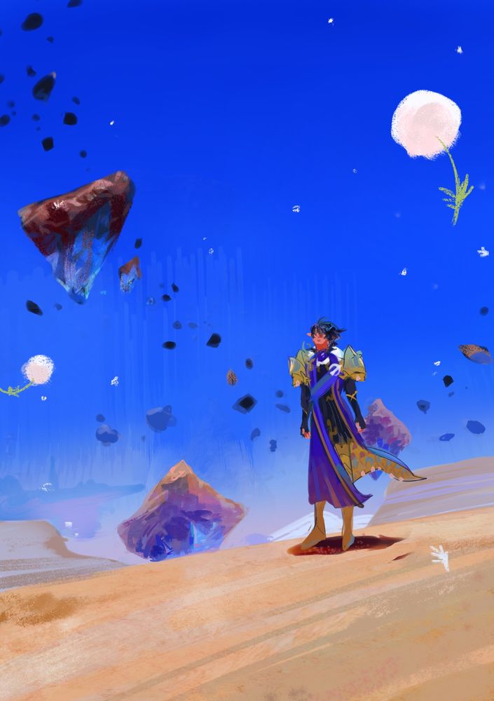 drawing of aymeric out in um... moghome? He's standing in the distance and there's various flying rocks and some big poofy flowers