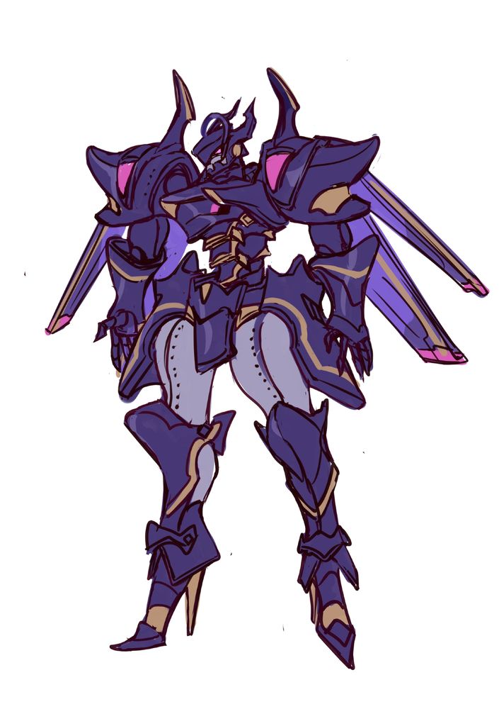 sketch of a black mecha with purple and gold highlights. 