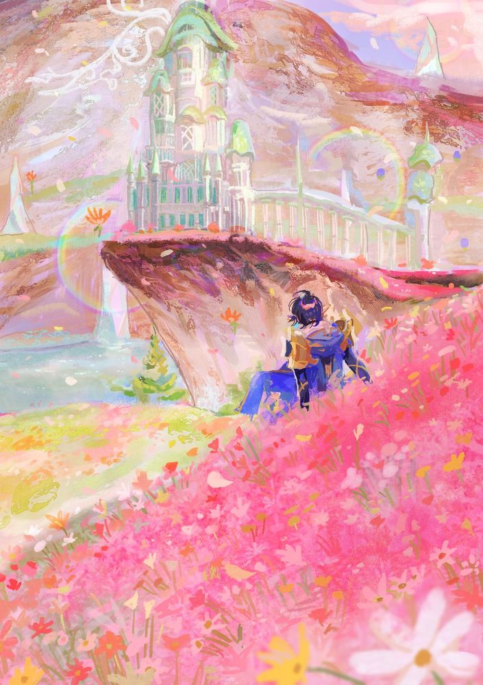 drawing of aymeric de borel in the distance from the back. sitting up and looking out at the castle of il mheg. he's in a flower field.