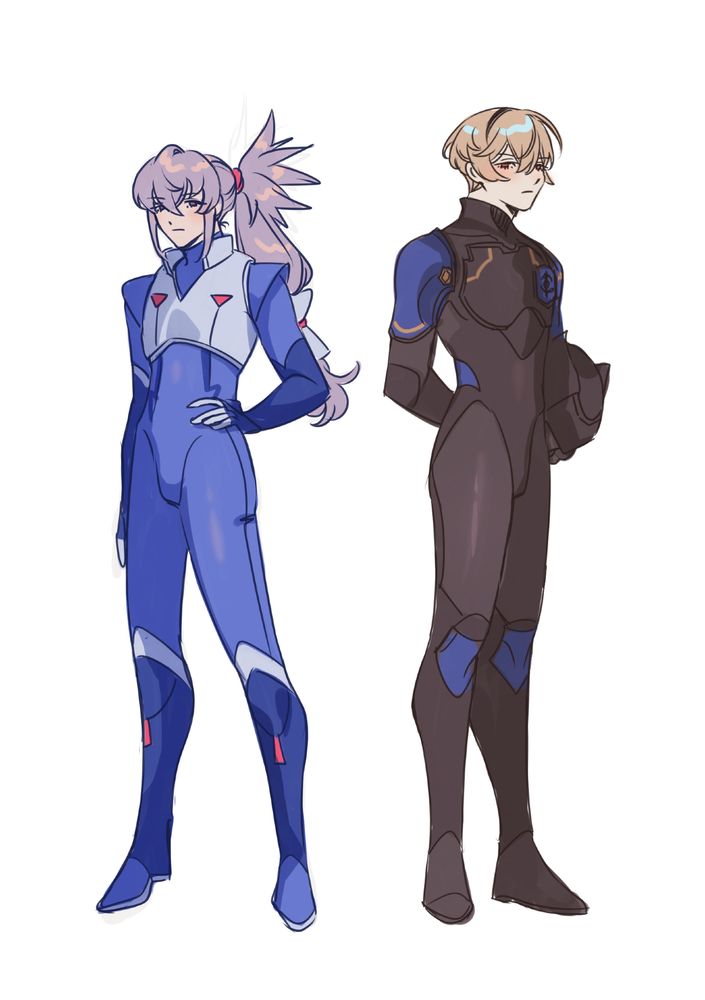 sketch of takumi and leo in tight fitting plugsuits in some of their canon colors (blue white and red for takumi, black blue and gold for leo).