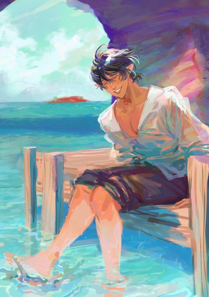 drawing of aymeric on a dock in thavnair dipping his legs in the water 