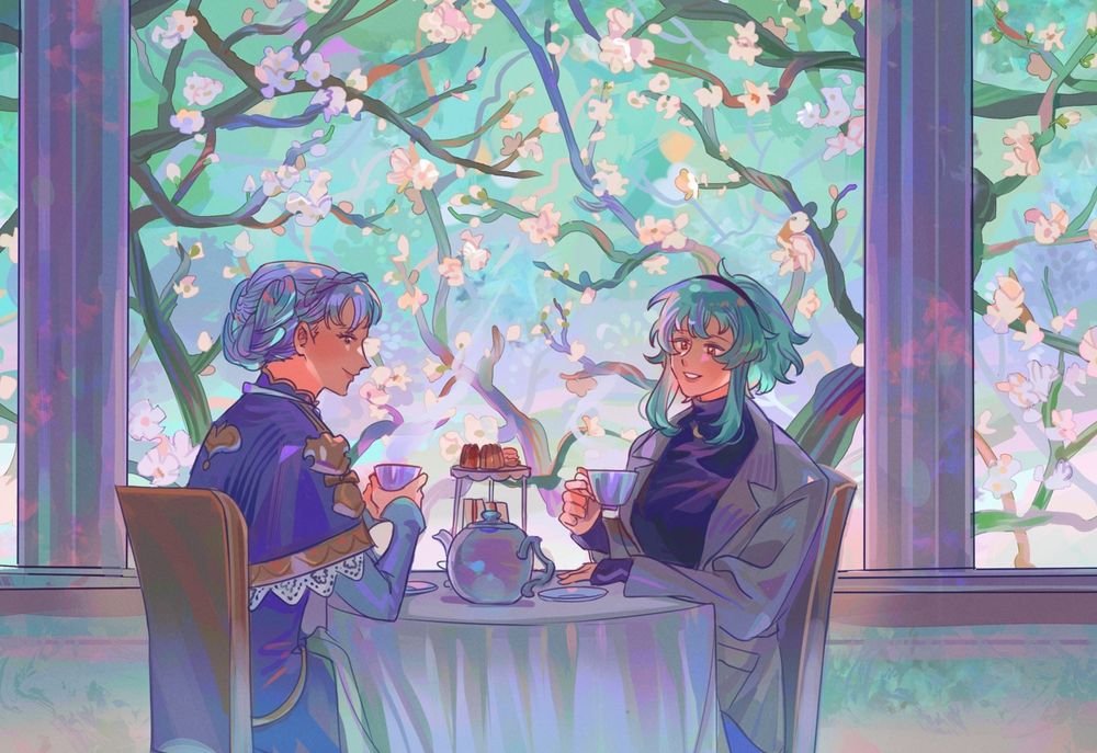 drawing of marianne and a fire emblem oc (apologies i do not remember the name) sitting at a table enjoying tea together. outside is a landscape of flowering trees in bloom. 
