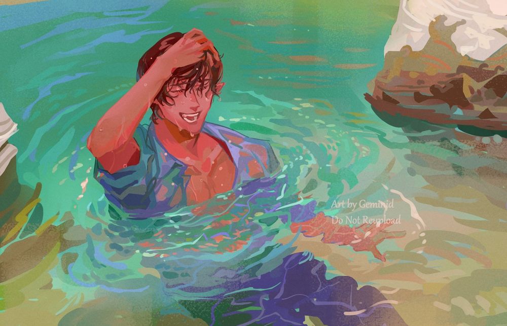 drawing of aymeric de borel. he's up to his chest in river water.
