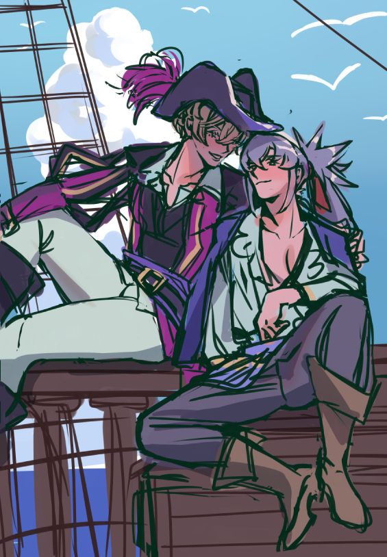 colored sketch of leo and takumi as pirates