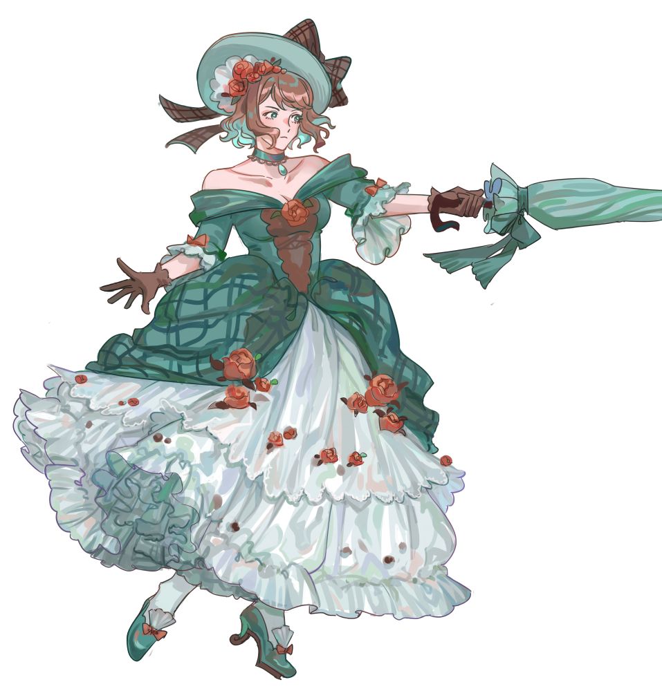 a drawing of yulgurr's oc mel. she is wearing a big poofy ballgown, green white with orange flowers and brown accents. she's using a parasol as a weapon