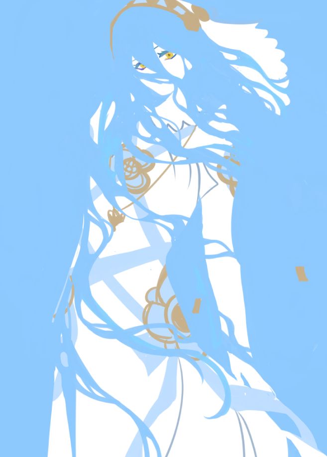 drawing of azura fire emblem. she is standing and her hair is covering her face and blowing across her body. 