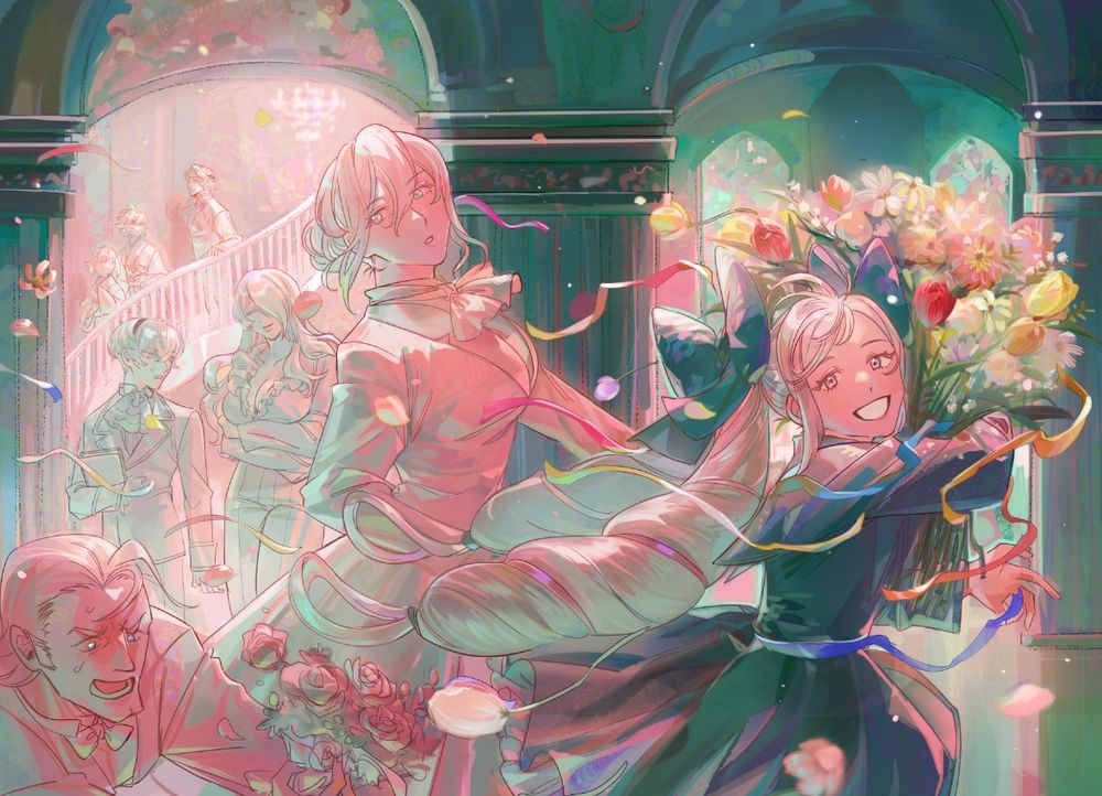 illustration of elise running with a bouquet. she's followed by effie and arthur, while leo and camilla look on in the distance. even further in the distance are xander, hinoka, and sakura. the palette is green and pink and there are flowers and ribbons in the air. 