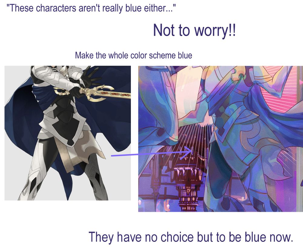 "These charactters aren't really blue either..." Not to worry!! Make the whole color scheme blue. They have no choice but to be blue now. 