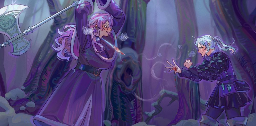 a drawing of camilla and flora fire emblem. camilla is holding an axe up mid swing, but flora has a sliver of ice floating near her throat. camilla's expression is a little crazed while flora looks exhausted and desperate. 