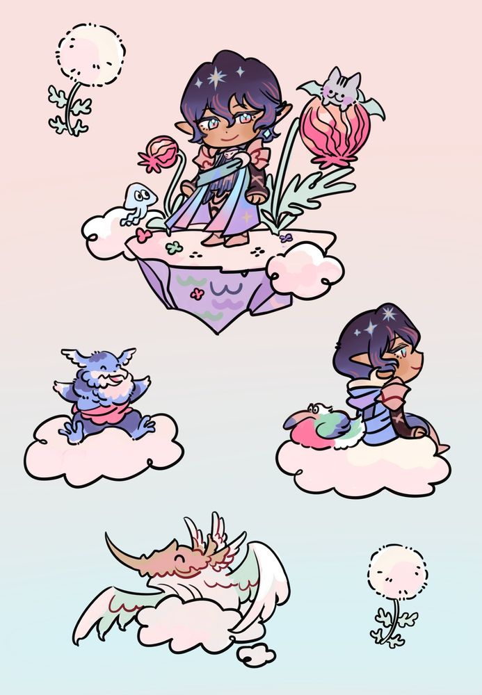 drawing of small aymeric and other friends like bismarck and gaelicat. they are all sitting on cloudss