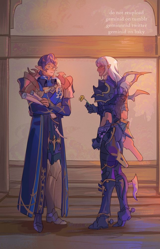 drawing of aymeric and estinien final fantasy. They are older now and standing in the temple knights headquarters, estinien offering aymeric a single flower that looks like one from the previous image. 