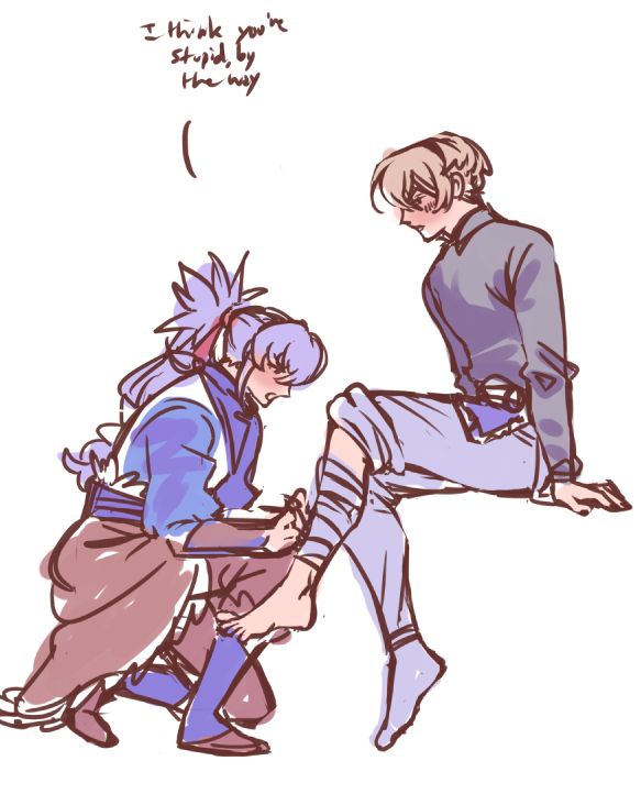 doodle of takumi tying a bandage to leo's leg and saying "i think you're stupid by the way" 