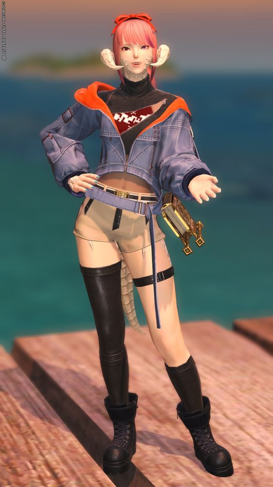 screenshot of a ff14 warrior of light. she is standing on a pier and is wearing a blue jacket with red, a black shirt, brown shorts and black boots