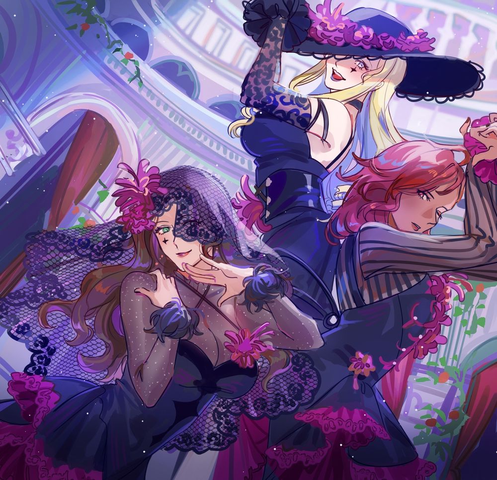 a drawing of dorothea, constance, hapi from three houses. this image is a redraw of the love live album cover "new romantic sailors" featuring the girls in dark dresses with purple trim, and fuzzy purple looking flowers. they are posing in what looks like a theater. 