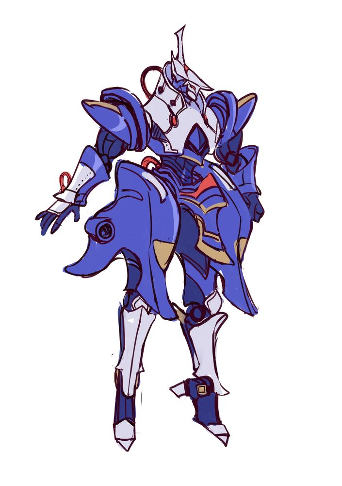 sketch of a blue and white mecha with red and gold accents.
