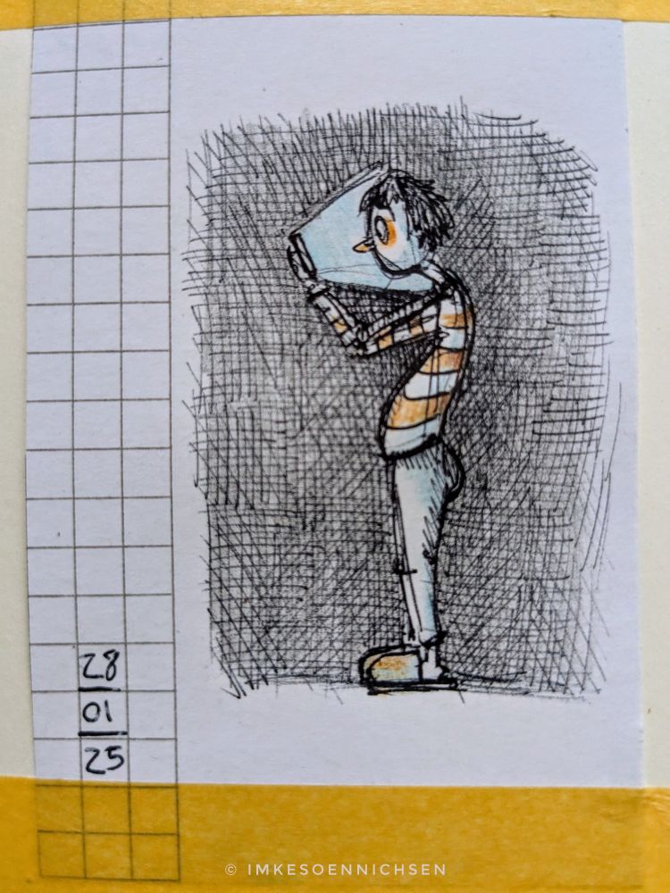 Sketch of a woman standing in the dark looking in her mobile phone