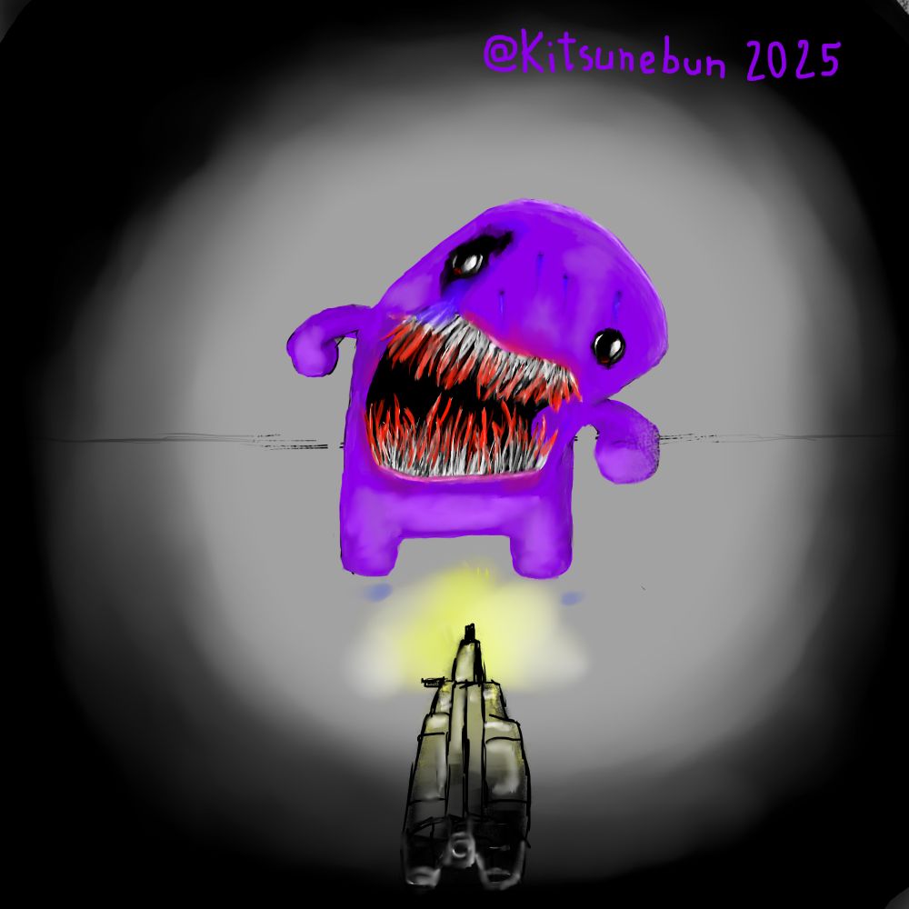 Digital Illustration of Brick man (Fuwatti) from Ao Oni 2004 getting shot at by an mp5 used by the viewer's pov in first person