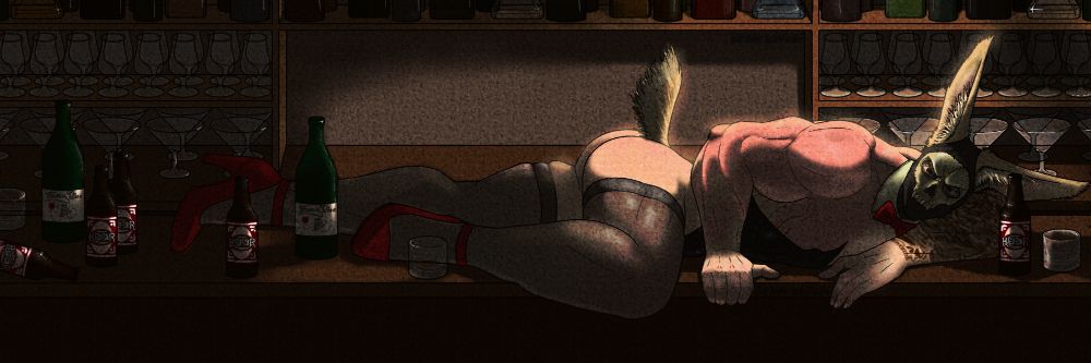 Bunny hybrid Ghost sprawled across a bar top in a bunny suit, thigh high stockings, red heels and a bow tie.
