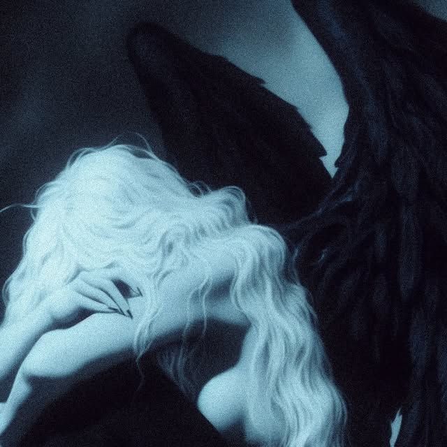 girl witg her head in her arms long white wavy hair and largw feathered black wings