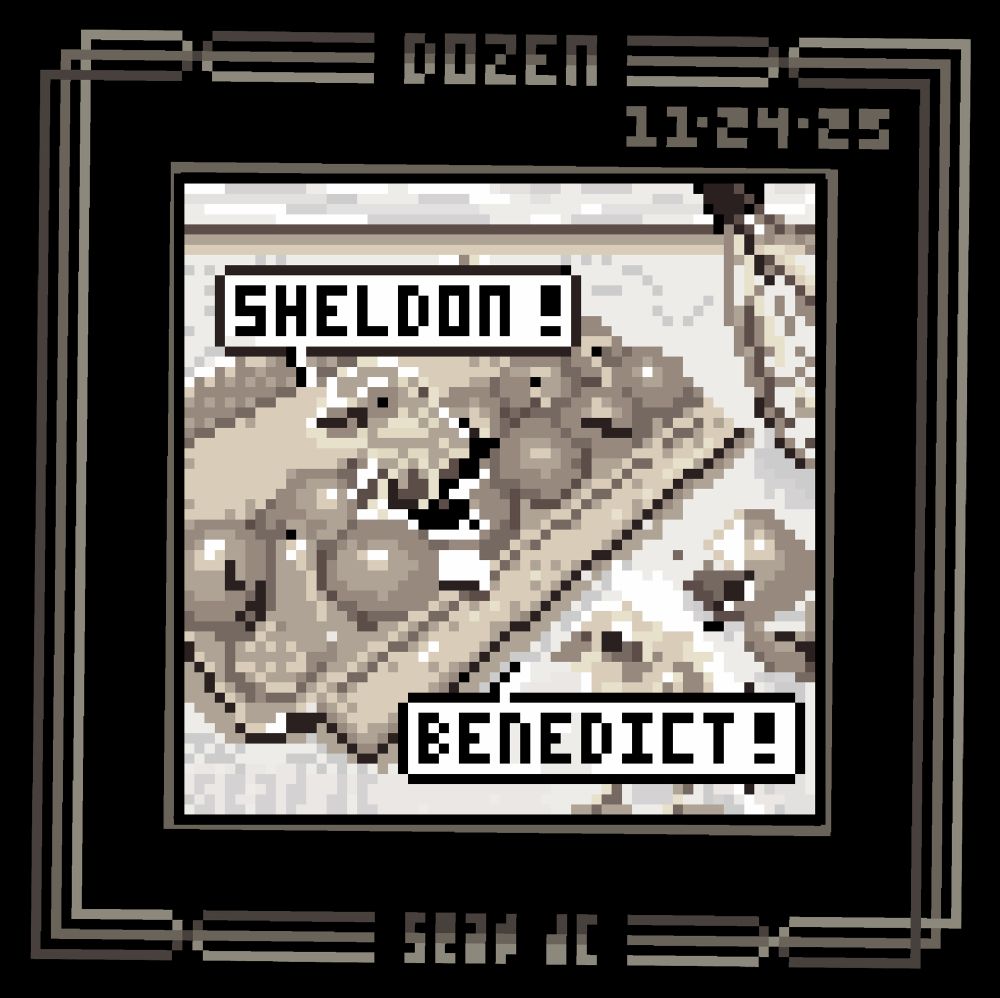 Dozen eggs in the carton, opened on the kitchen counter with whisk in background. Two of the eggs have fully hatched and one baby chick says Sheldon! And the other replies “Benedict!” 