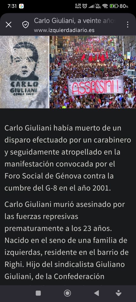Conmemoración de la muerte, matado y atropellado por la policía de un antifascista de 23 años Carlos Giuliani en Génova en la manifestación de más de 100,000 personas contra el G8✊🏻🔻🚩🏴🇨🇺🇻🇪🇵🇸🇨🇱