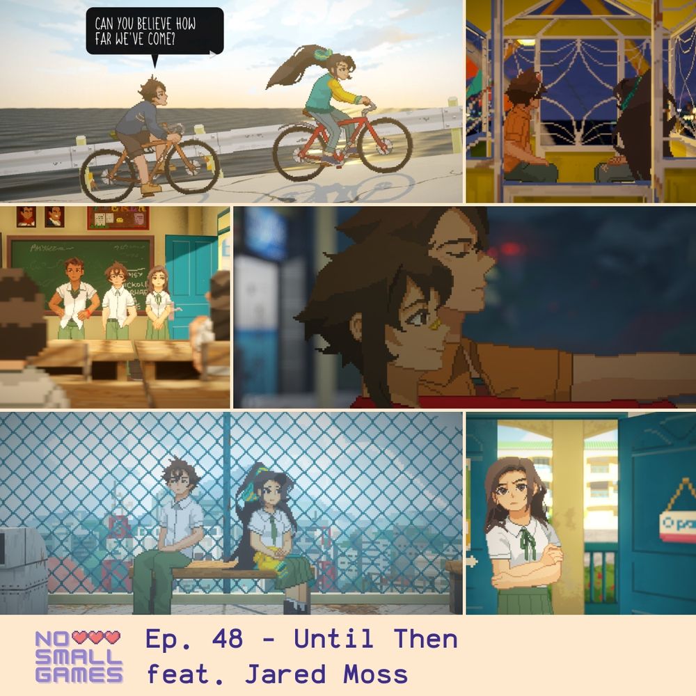 Collage of screenshots from the game Until Then, featuring pixel art teenagers in a variety of school situations, riding bikes together, at the carnival, and looking out into the rain
