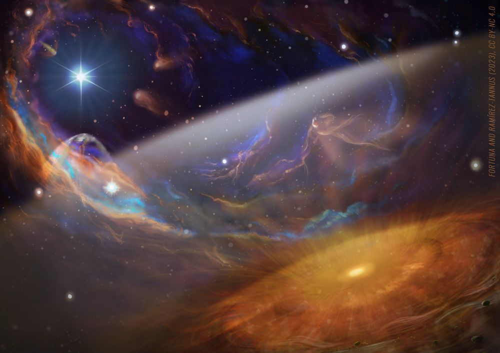 Illustration of XUE1, a highly irradiated disk where we find water, CO and other molecules that are the building blocks of planets.