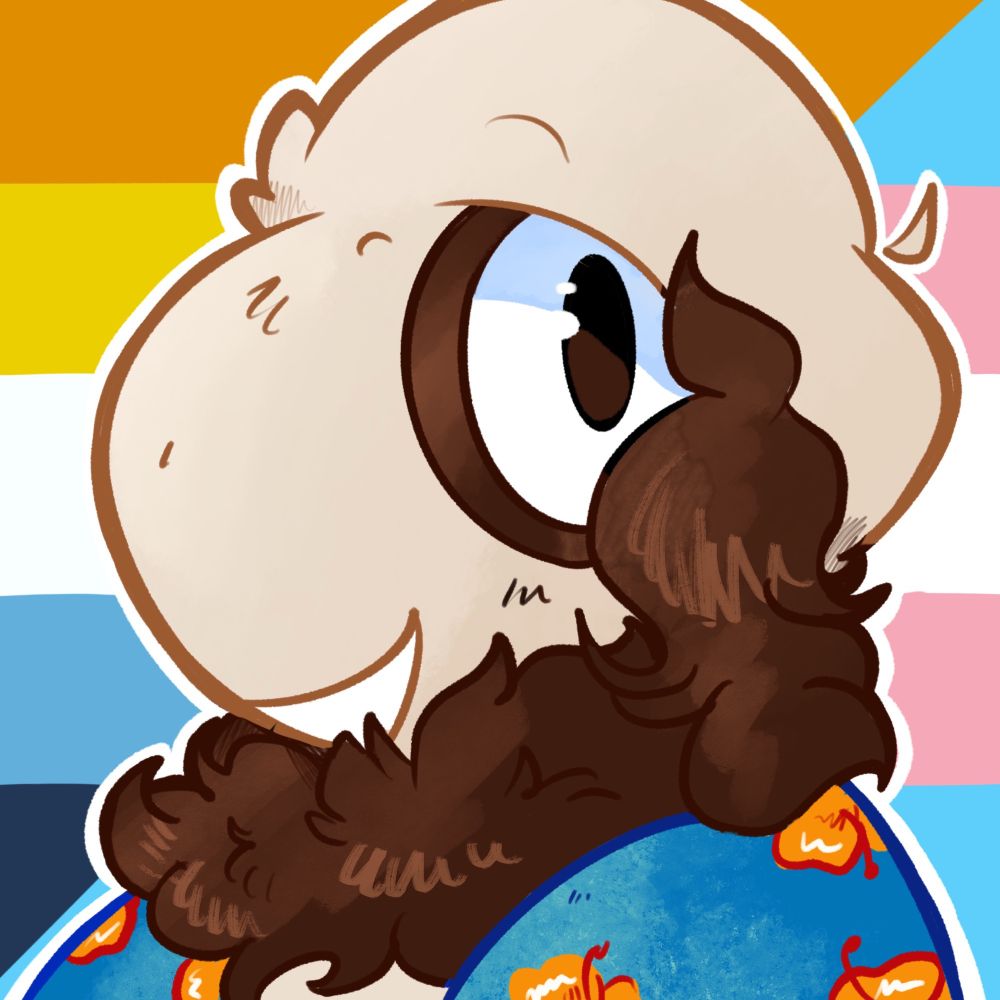 A bust shot of my Smeargle, with a big ol smile - the background with two pride flags in the background. The Aroace flag to the left & trans flag to the right