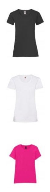Blank shirts in white, pink, and black