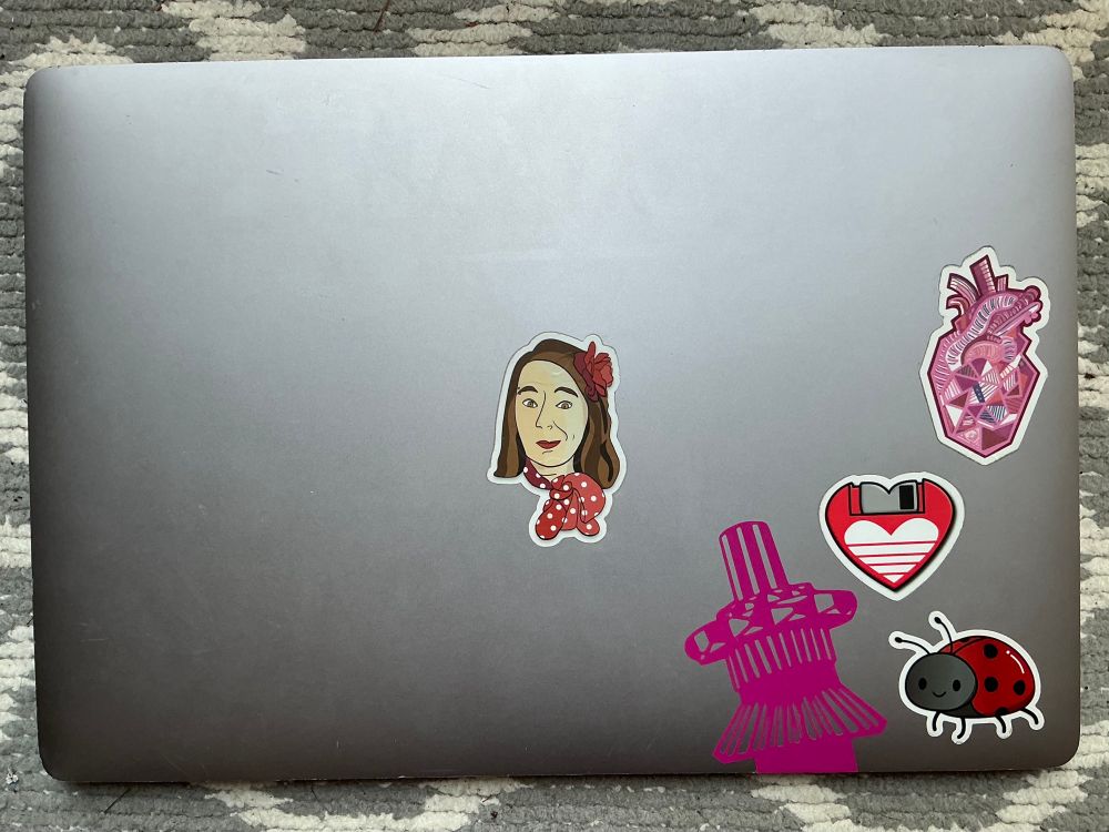 My lap top with this vinyl design plus stickers of two heart designs, a ladybug, and myself