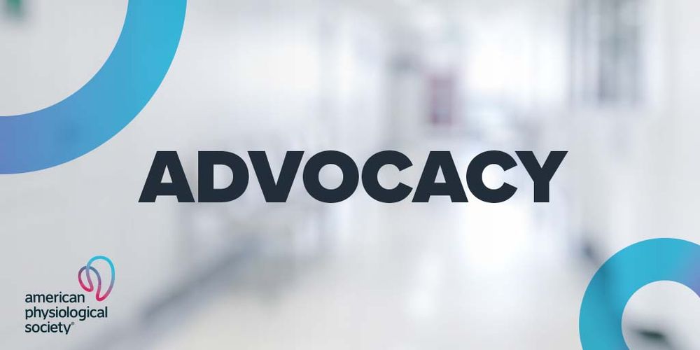 The word ADVOCACY is written in black on a blurred background of a hallway. The American Physiological Society logo, name and black and purple variegated swirls also appear.