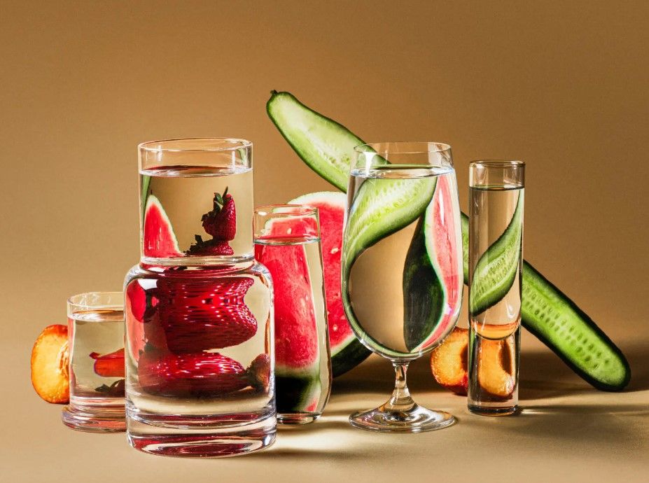 A creative arrangement of clear glasses filled with water and sliced fruits and vegetables, including strawberries, watermelon, cucumbers, and plums. The glass distortions create a visually striking and colorful display against a beige background.