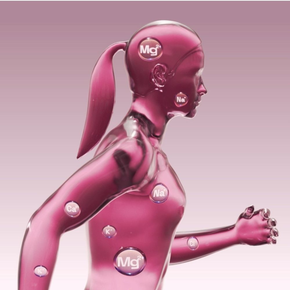 Stylized illustration of a translucent pink female figure in a running pose, with symbols for key electrolytes (Mg²⁺, Na⁺, K⁺, Ca²⁺, Cl⁻) placed across her body, highlighting their roles in physical performance and muscle function.