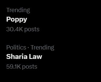 A screenshot from twitter trending topics, showing Poppy with 30k posts, followed by Sharia Law, with 59k posts