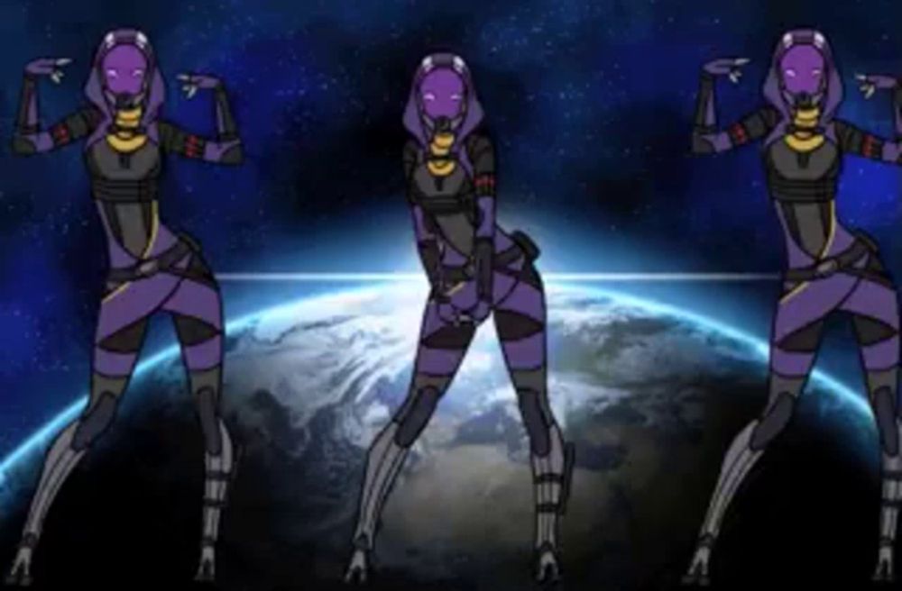 a cartoon of a purple robot dancing in front of a planet