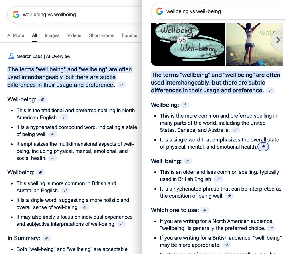 Left, screen shot of google search results for "well-being vs. wellbeing". Right, screen shot of google search results for "wellbeing vs. well-being" - reversing the hyphenation. When hyphenated "well-being" was first in the query, it said that was the "traditional and preferred spelling in North American English". When non-hyphenated "wellbeing" was first, it said "this was the more common and preferred spelling in many parts of the world, including the United States, Canada, and Australia"